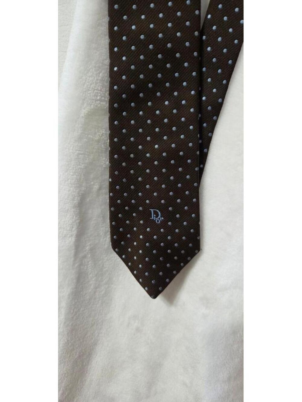 Christian Dior Tie Men’s Brown Light Blue Polka Dot Polyester Silk
